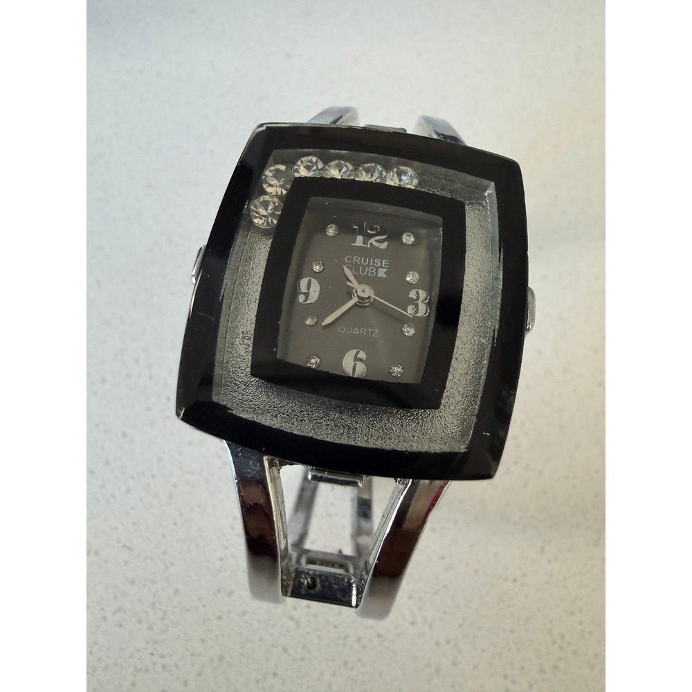 Cruise Club Square Face Quartz Watch Silver Tone Cuff Bangle Black Dial Crystals